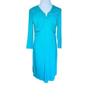 DAISY FUENTES CHIC DRESS SEASCAPE BLUE RUCHED NECKLINE SHIEATH DRESS SMALL‎ NEW